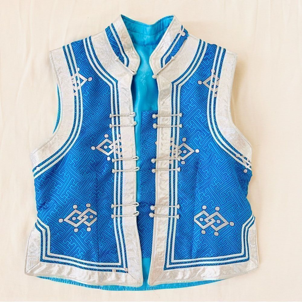 Womens Vest Silk Asian Holiday Party Top Sleeveless Silver Blue Dressy Boho S M